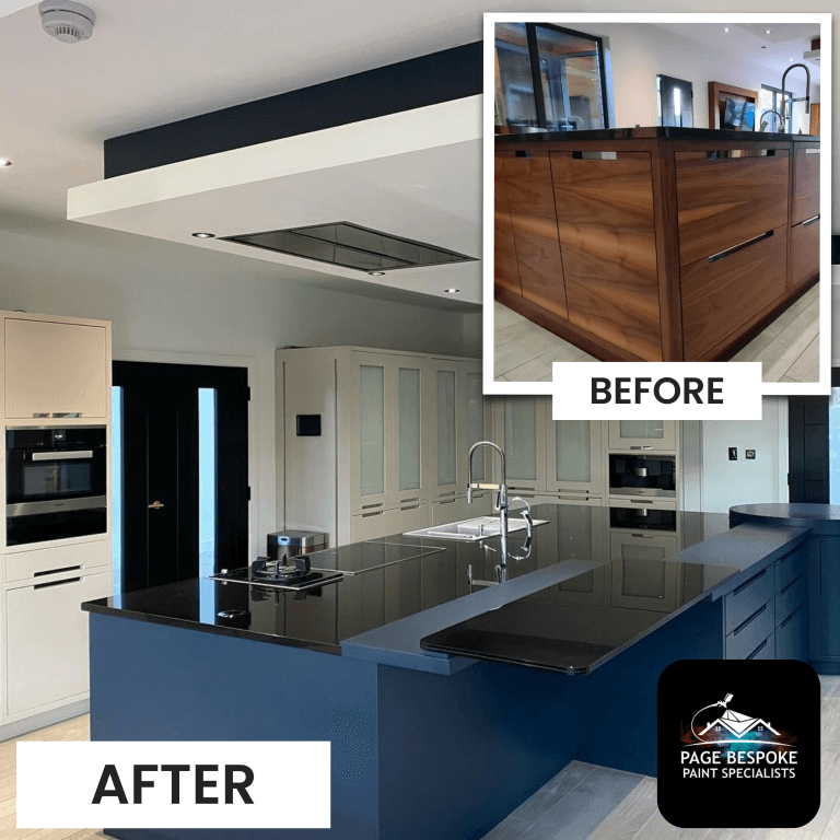 Painted kitchen cupboards completed by Page Bespoke Painting Specialists Ltd