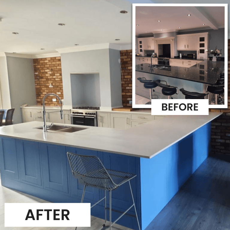 Painted kitchen cabinets showing before and after transformation in Sunderland
