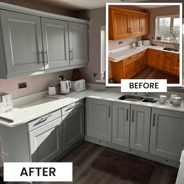 Painted kitchen cupboards in North East home with smooth finish