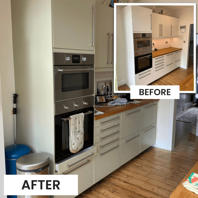 Light grey kitchen cabinet respray by Page Bespoke Painting Specialists Ltd