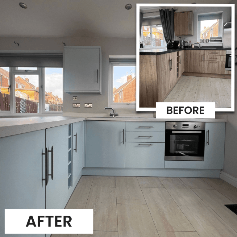 Painted kitchen cabinets with matt grey finish in Newcastle home