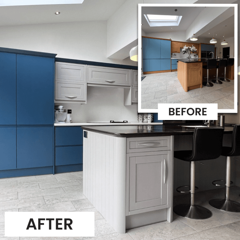 Kitchen respray transformation showing painting in progress in Sunderland